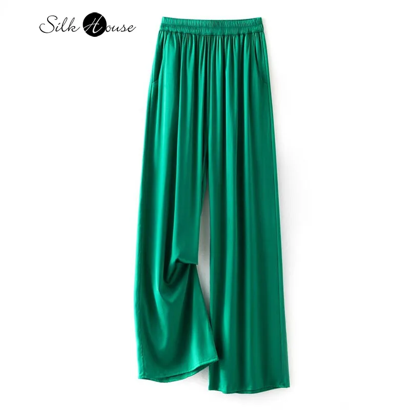 

2024 Women's Fashion New 22MM Natural Mulberry Silk Elastic Satin Emerald Elastic Waist Pocket Design Casual Wide Leg Pants