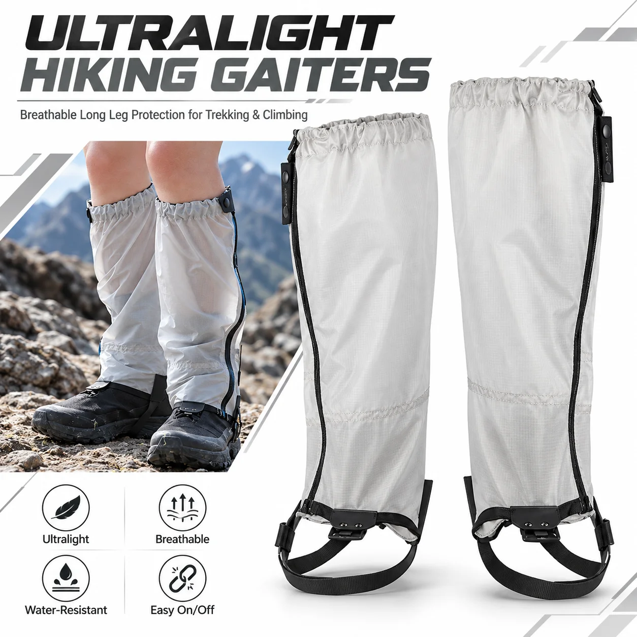 Outdoor Ultralight Hiking Gaiters Breathable Long Leg Covers Lightweight Protective Gear for Mountaineering Trekking Camping