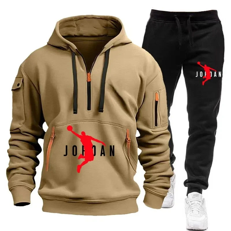 Spring and autumn new men's sportswear fashion outdoor leisure jogging multi-pocket men's zipper hoodie + pants two-piece set