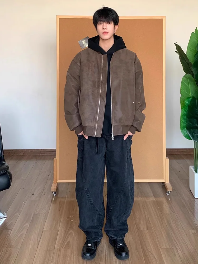 

American Retro Brown Oil Wax Motorcycle Leather Jaet Men's Autumn Winter Cotton Filled Baseball Sle Pilot Jaet
