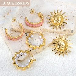 LUXUKISSKIDS Large Sunshine Earrings Stud Gold Plated Stainless Steel Geometric Ears Piercing with Fake Pearl Trendy Jewelry New
