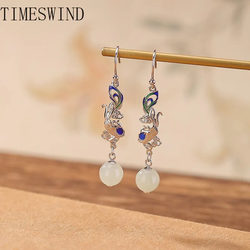 

TIMESWIND оригинальные нефритовые белые бусины S925 эмаль Феникс триD серьги женские модные украшения с сертификатом