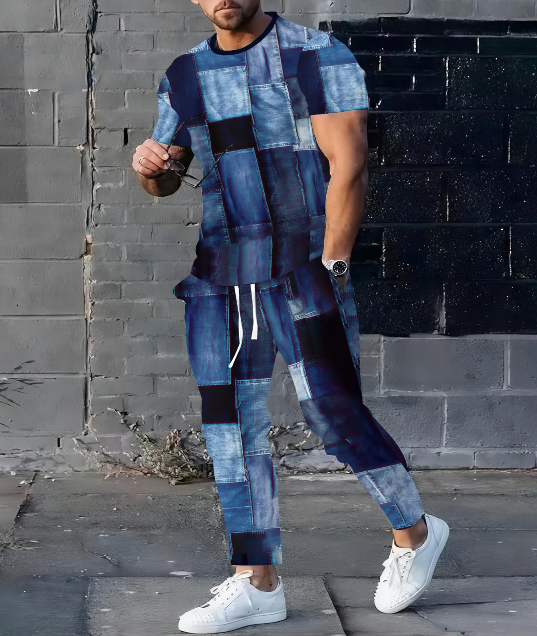 

2025 Summer new men's suit Men's short sleeve pant suit Vintage quilted 3D printed casual street top two-piece outfit