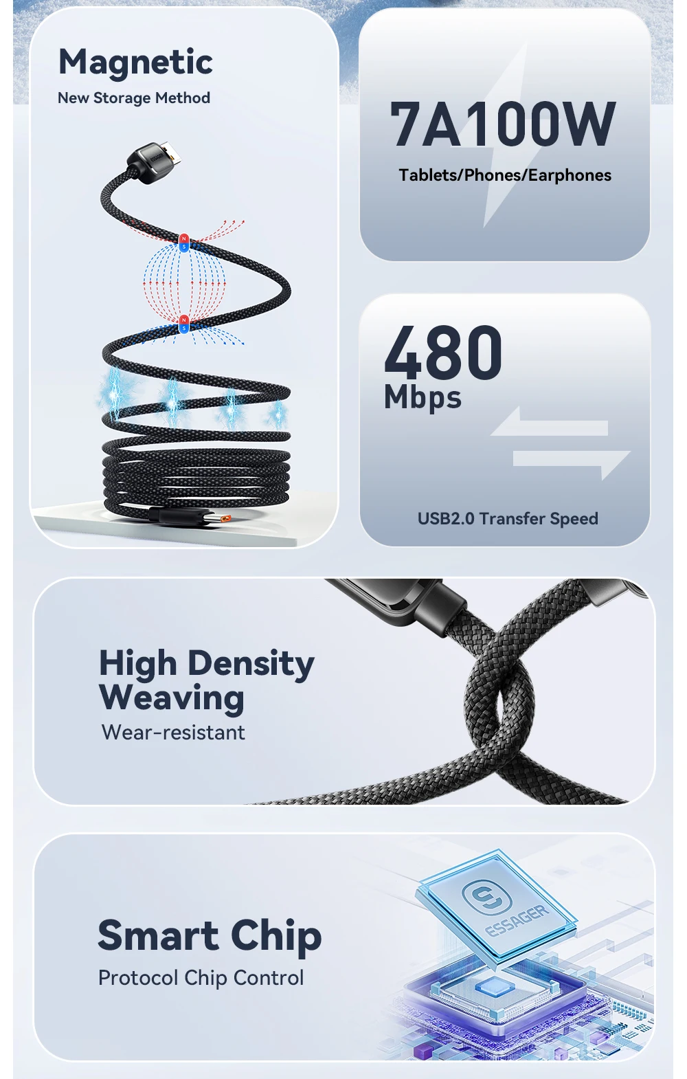 Essager 7A Magnetic Fast Charger Cable USB A To Type C Magic Rope USBC Magnetic Cable Self Winding Cable For Vivo Oneplus OPPO