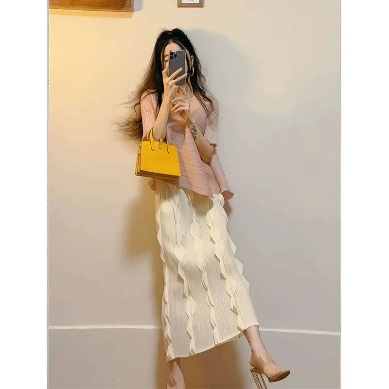 

Summer Women Suit New Pleated Irregular Short Sleeve T-shirt Top Half Skirt Set Fashion Commuting Two Piece Sets Women Outfits