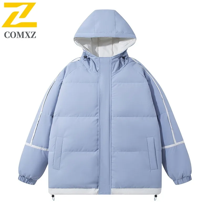 COMXZ 2025 الرجال كتلة اللون مخطط مقنعين سترة قطن الشتاء سميكة الدافئة فضفاضة تناسب العصرية الشباب معطف خفيف الوزن