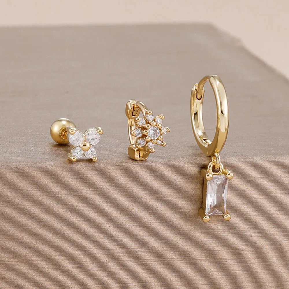 3PCS 14K Gold Plated Zircon Square Hoop Earrings Set 12 Constellation Stainless Steel Butterfly Stud Earring Piercing Jewelry