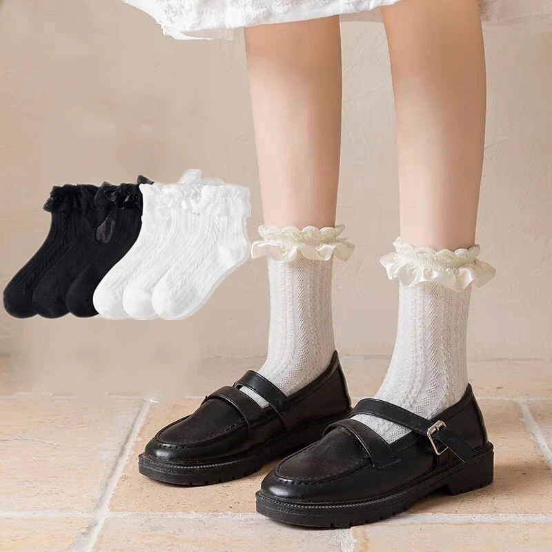 Calcetines cortos de Lolita para mujer, medias finas con volantes, estilo japonés, Kawaii, color blanco y negro, Verano