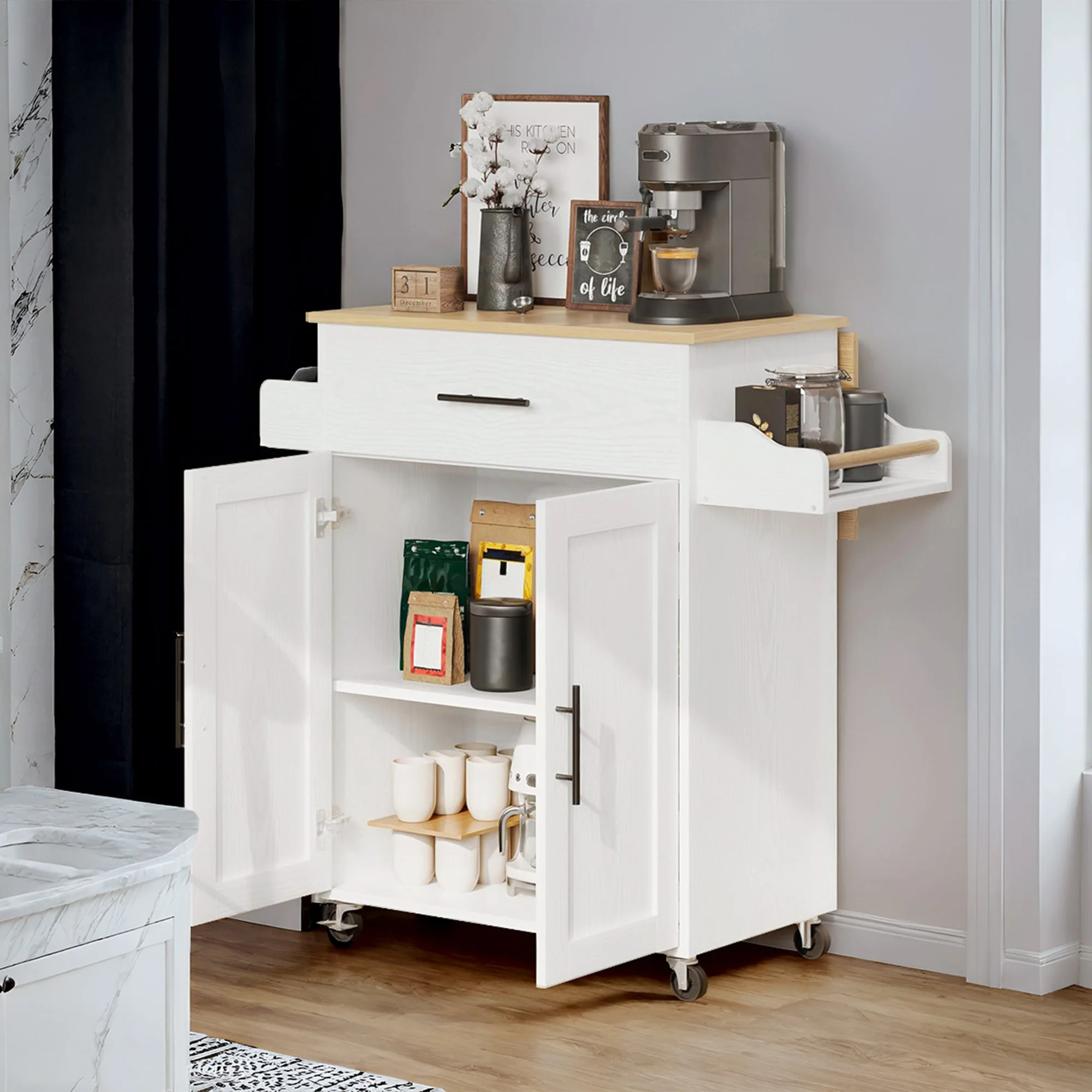 IRONCK Rolling Kitchen Island Table On Wheels With Drop Leaf, Drawer, Spice, Towel Rack, Small Mobile Trolley For Kitchen, White