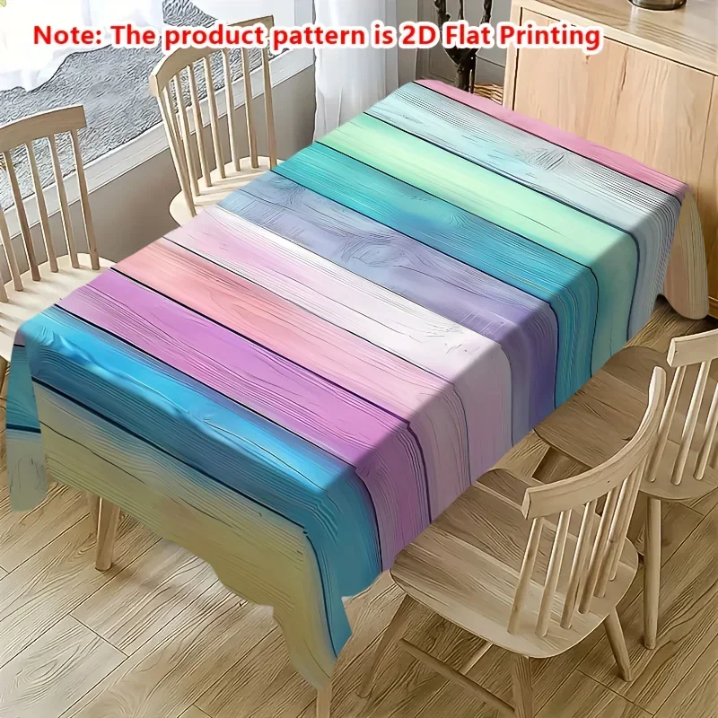 A classic rainbow-colored wood-grain tablecloth, printed in 2D flat design.