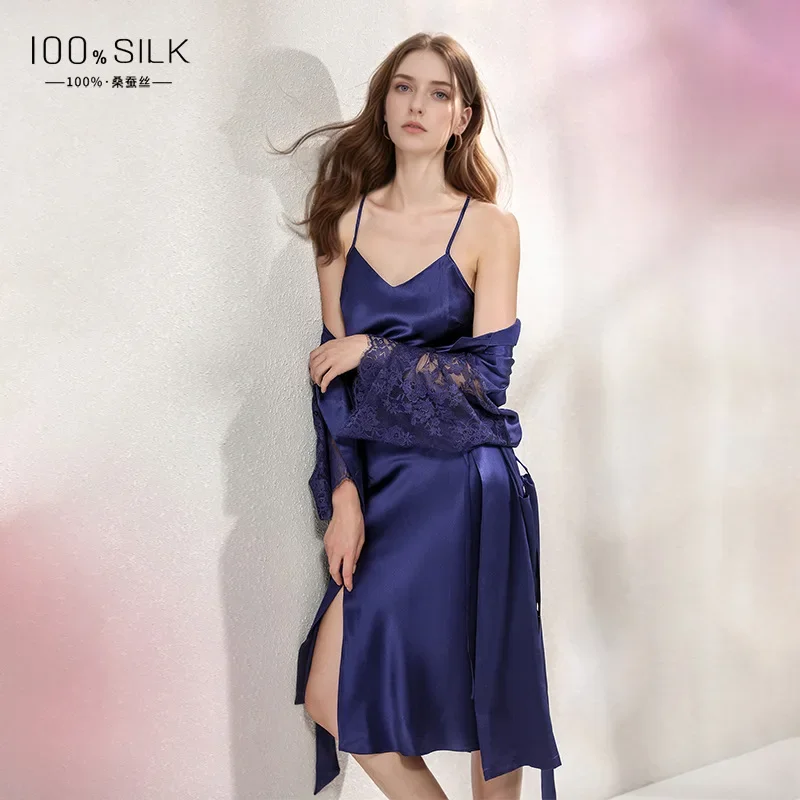 

19MM 100% Mulberry Silk Long Nightgown and Bathrobe Set Hollow Lace Sexy Long Sleeve Belted Kimono Robe with V Neck Slip Dress
