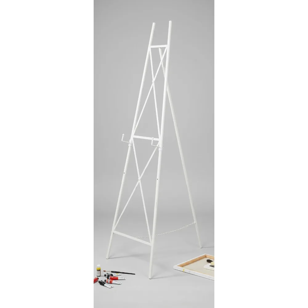 

Adjustable Metal Display Easel Stand 16x23x54 Inch White Minimalist Tripod Chain Support for Art Decor