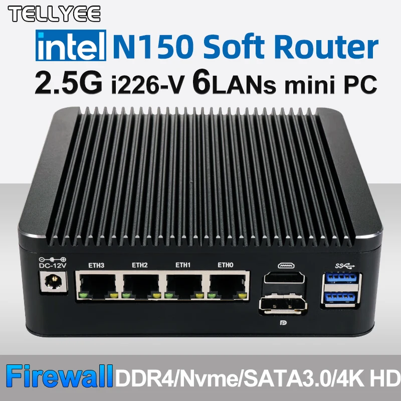 12th Gen Intel N150 2.5G Soft Router 4x i226-V Lans 1*COM RJ45 Fanless Mini PC HD DP USB-C pfSense Firewall Appliance PVE ESXi