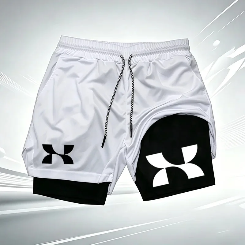 Men's 2-in-1 Running Shorts Quick Dry Workout Gym Shorts with Compression Liner and Logo Print Athletic Training Shorts wx214