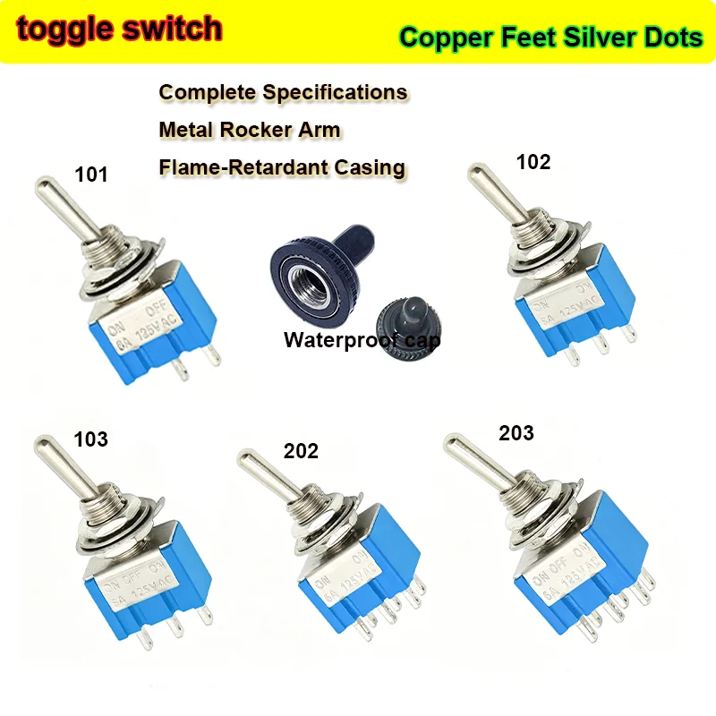 

5Pcs 6MM Waterproof Cap Toggle Switch MTS-101/102/103/202/203 Light Blue Toggle Switch ON-OFF/ON-OFF-ON 3-Pin 2-Gear 3P/6P