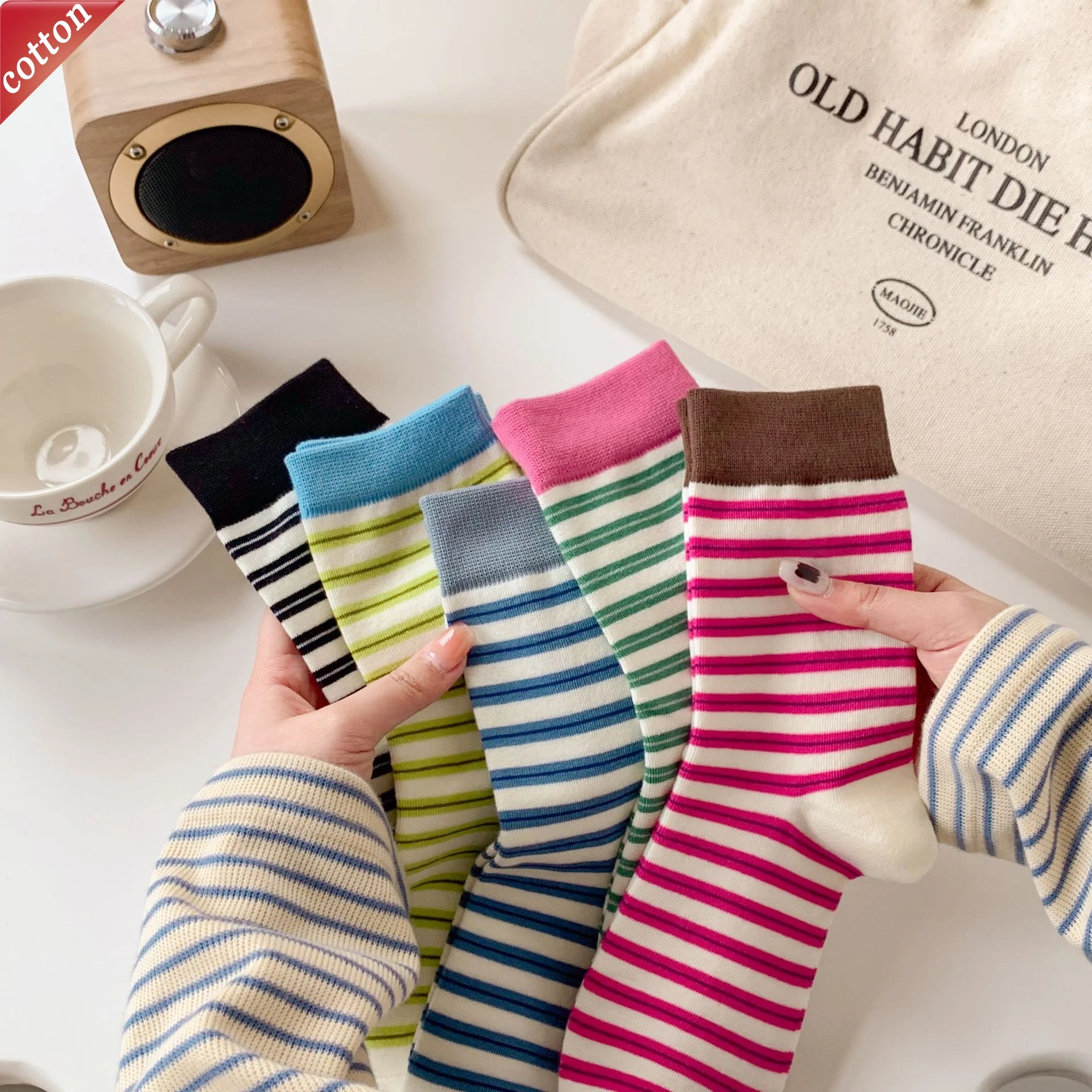

5 Pairs Ladies' Socks Set Korean Striped Simple Casual Preppy Style Versatile Mid Tube Socks Comfort High-quality Cotton Socks