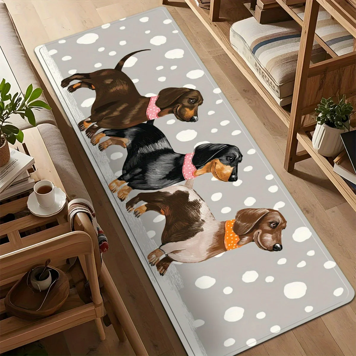 Cute Dachshund Dog Kitchen Runner Rug, Cartoon Wiener Dog Pattern Non-Slip Absorbent Floor Mat for Entryway, Bathroom, Hallway