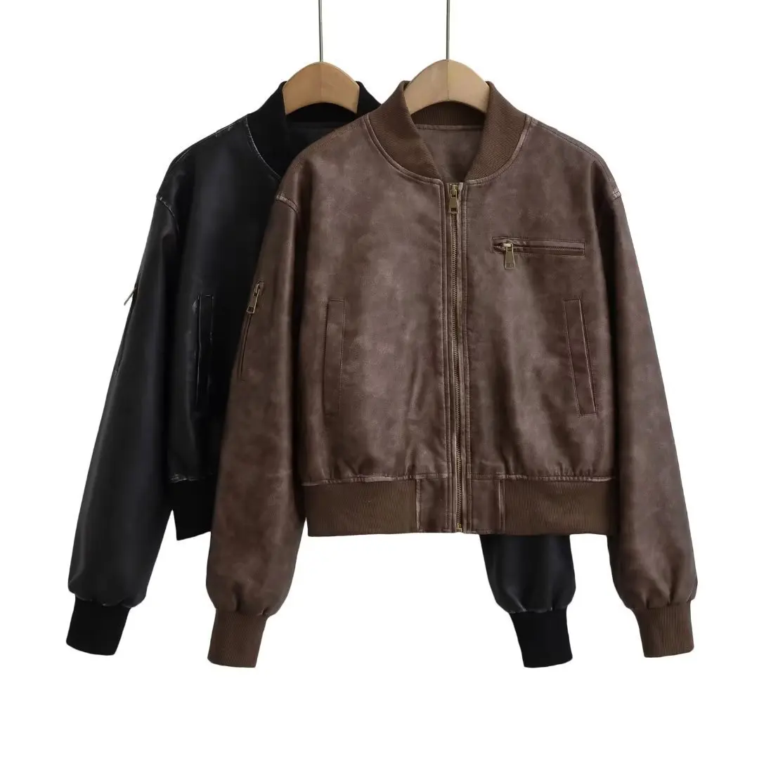 Giacca da donna in pelle invecchiata spazzolata retrò americana da donna Autunno Inverno Moda Hot Girl Cappotto uniforme da baseball stile motociclista