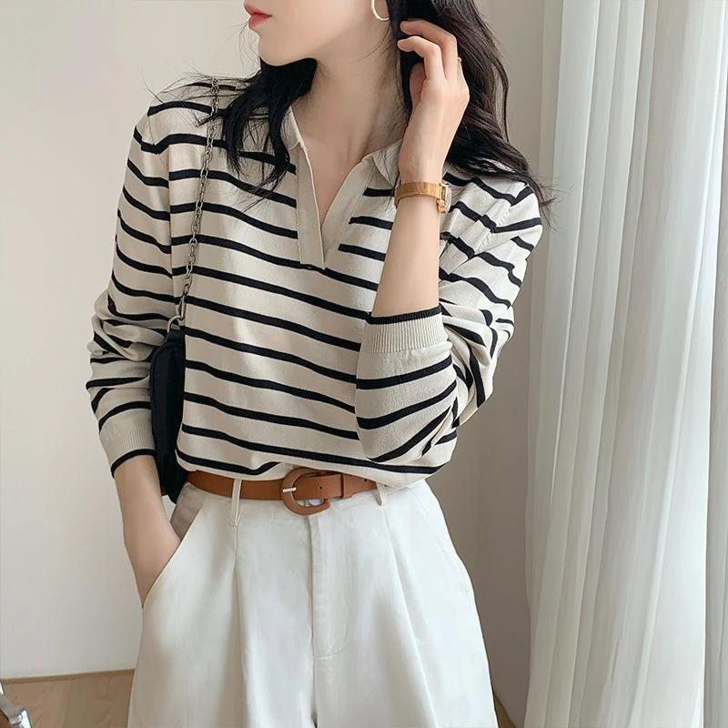  Shirt V-Neck Knitted Stripe Base Long Sleeve T-Shirt Spring Autumn New Loose Thin Fashion Top Women's Casual Cotton Poly...