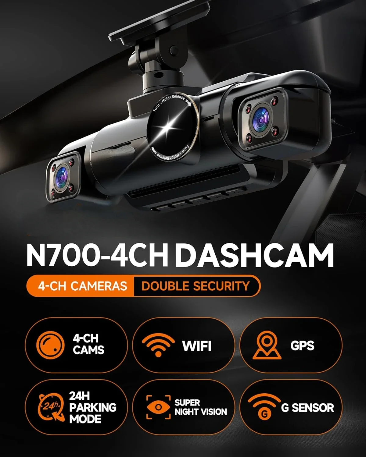 360° Dash Cam Front, Rear and Inside, 4 Channel 3K+3*1080P, 5GHz Wi-Fi GPS, Voice Control