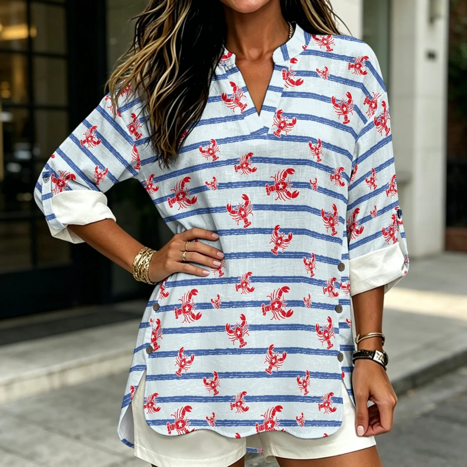 PENSTROLL Lobster Stripes Linen Like Tunic Blouse Loose Long Sleeve Tops for Travel Sizes S-5XL