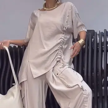 T-shirt con design arricciato Set T-shirt oversize girocollo a pieghe Tinta unita Casual Tailleur pantalone da donna Set due pezzi Completo estivo