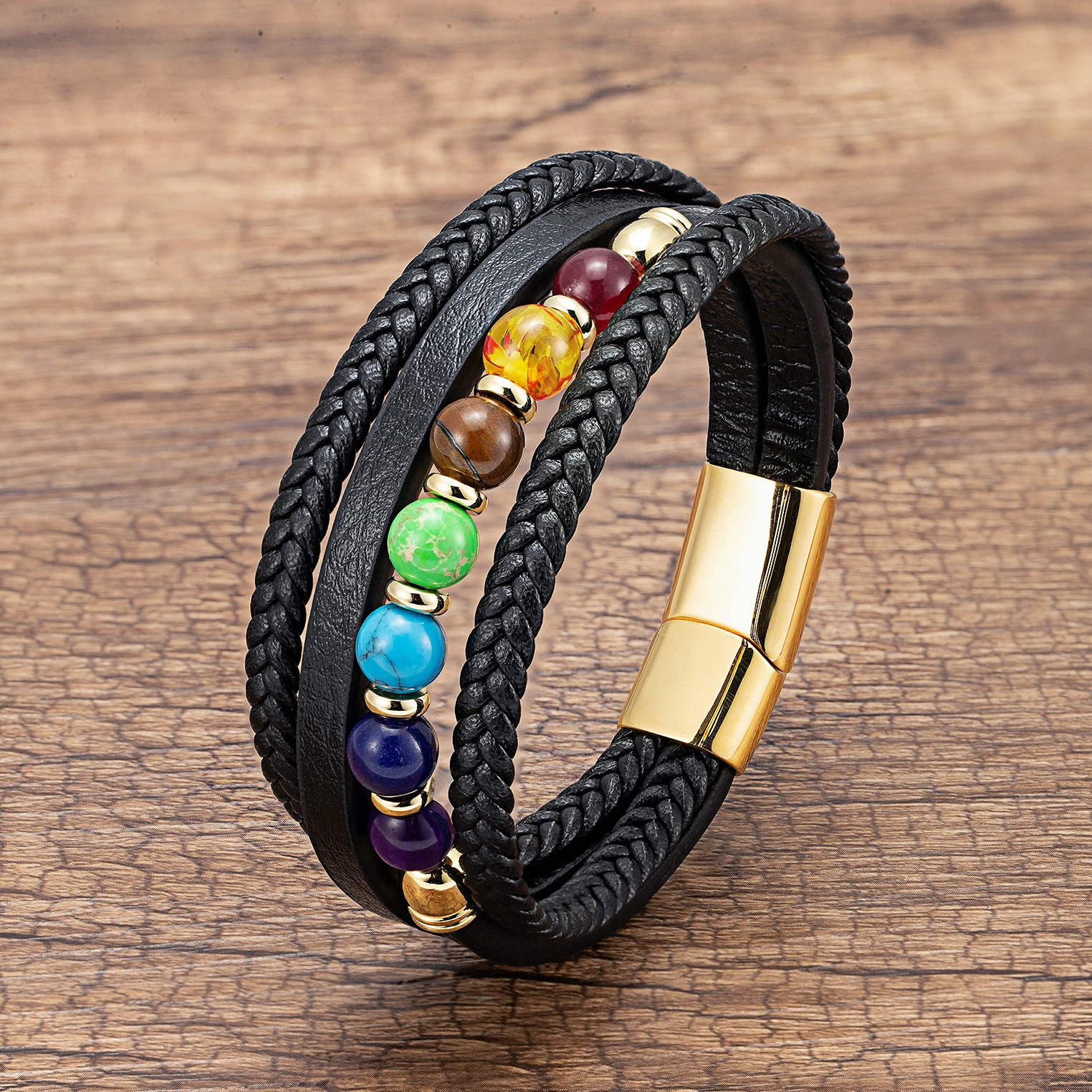 7 Chakra Natural Stone Handmade Braided Leather Bracelets Men Women Colorful Reiki Healing Beaded Charm Bracelet