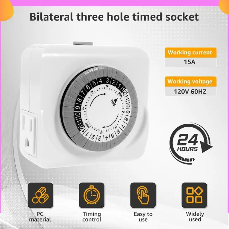 

A23P Indoor Mechanical Outlet Timer, 3Prong Timer For Electrical Outlets Indoor With 2 Outlets, 24 Hour US Plug Light Timer