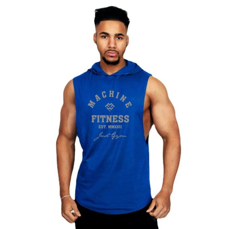 MACHINE FITNESS Mens Gym Hooded Tank Top Cotton Bodybuilding Clothing Summer Muscle Fit Sleeveless Hoodies Shirt Sports Singlets