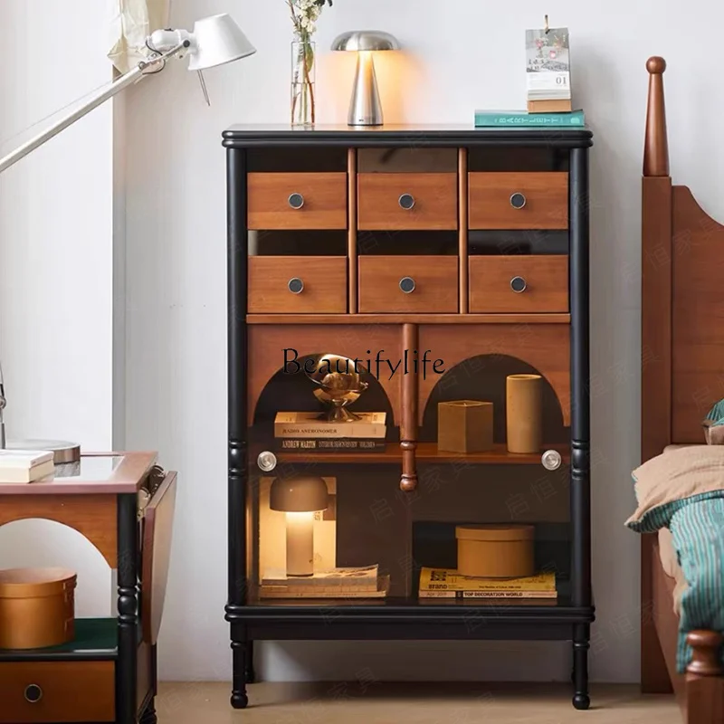 

*French retro solid wood chest medieval living room bedroom wall storage bedside cabinet