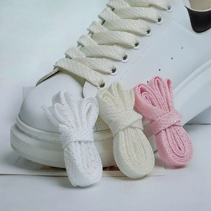 Gold Silver Shoe Laces for Sneakers 1.2CM Width Flat Shoe Laces Glitter White Lace Colorful Bright Silk Casual AF1/AJ Shoestring