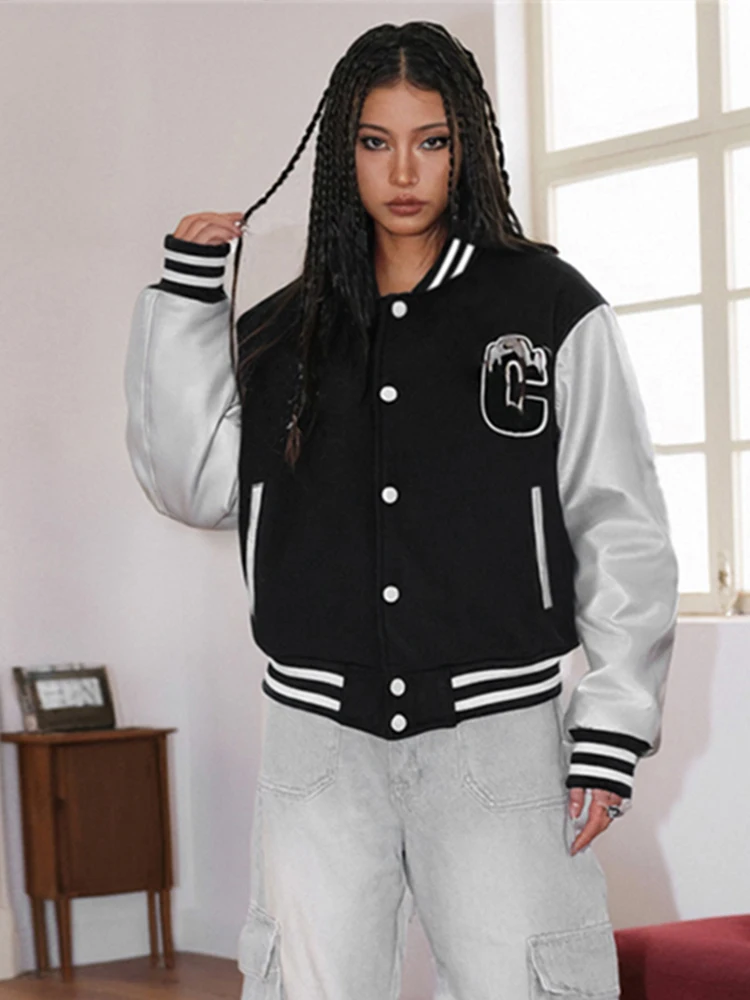 

Kliou Contrast Design Baseball jackets Woman Autumn Trend Single-Breasted Leather Patchwork Full Sleeve Casual Sporty Style Coat