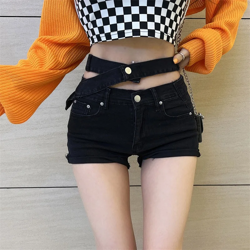 Sexy Punk Asymmetric Slim Ripped Washed Denim Shorts Women Summer Denim Shorts