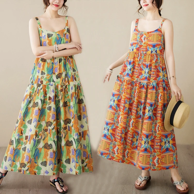 

Bohemian Style Printed Maxi Dress Loose Fit Summer Vacation Vibes Color Block Strap Long Skirt Cotton Casual Citywalk Dress