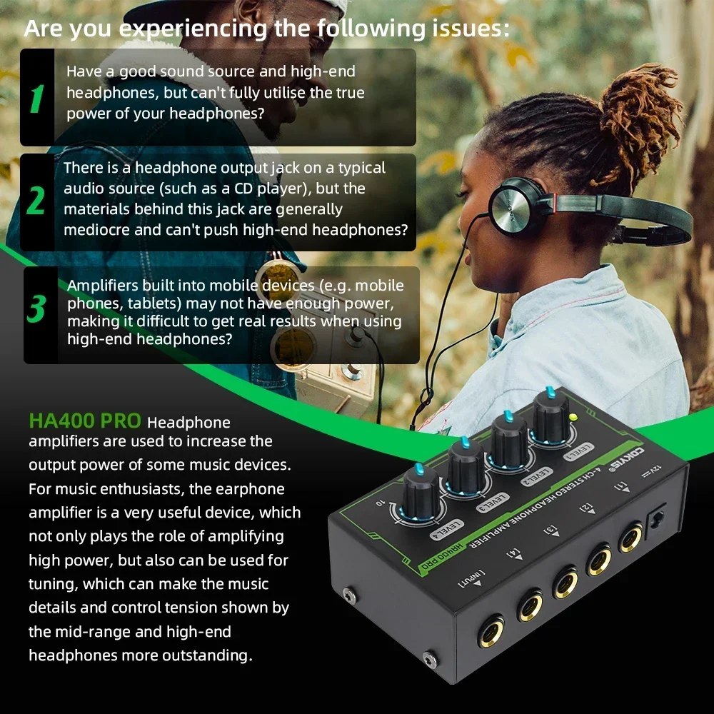 HA400 PRO Ultra Compact Audio Amplifier 4 Channels Mini Stereo Headphone Amplifier With Power Adapter Audio amplifier Upgraded