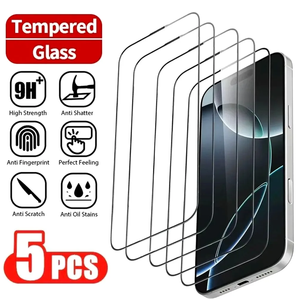 

5Pcs High Clear Screen Protector for iPhone 17 16 15 14 Pro Max 16e 15 14 Plus 13 12 11 Pro XR XS Max 9H Hardness Tempered Glass