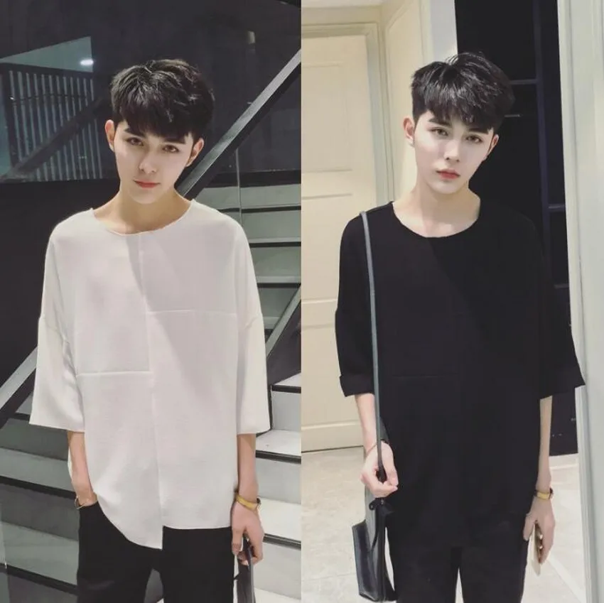 Summer New Men Irregular Stitching Five-point Sleeves T-shirt Korea Male Personality Loose T Shirt Hair Stylist Tshirt Costume