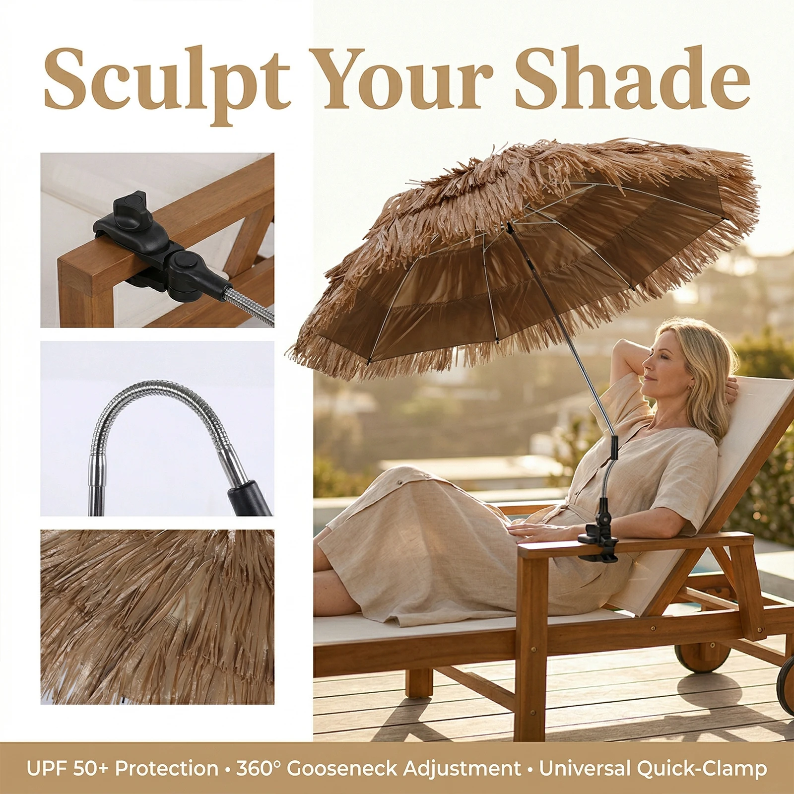 Hawaiian Style Beach Umbrella with Adjustable Clamp 360 Adjustable Umbrellas Chair Not Included for Wheelchair Golf Carts