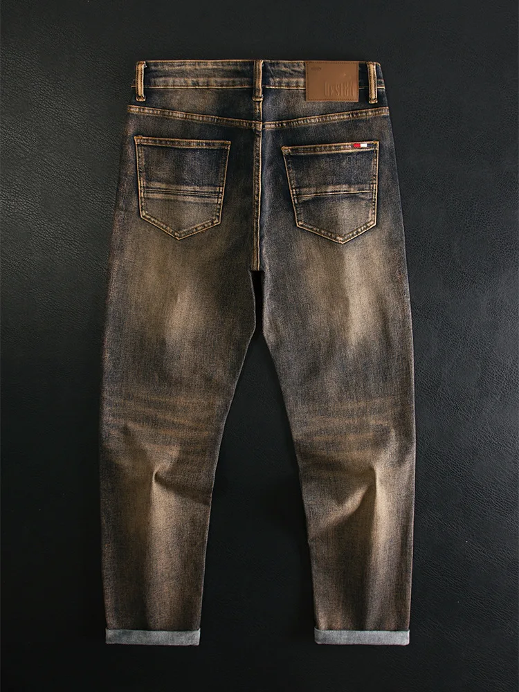 

Осенние новые винтажные мужские джинсы в стиле ретро, маленькие ноги, эластичные, модный тренд, ностальгические длинные брюки.