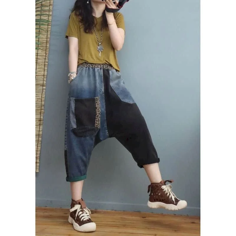 Baggy Jeans for Women Patchwork Casual 2026 Summer Loose Calf Length Denim Harem Pants Elastic Waist Streetwear Women Clothing