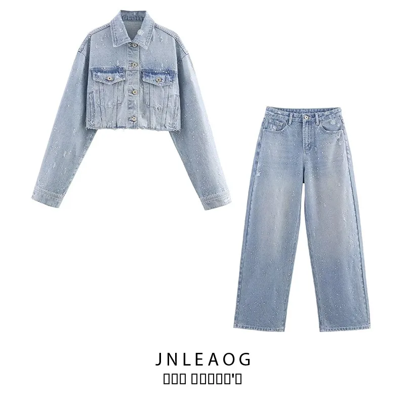 

Fall New Sle Women's Faion Rhinestone Decorated ort Denim Jaet Straight Leg Jeans Two Piece Set Long Sve