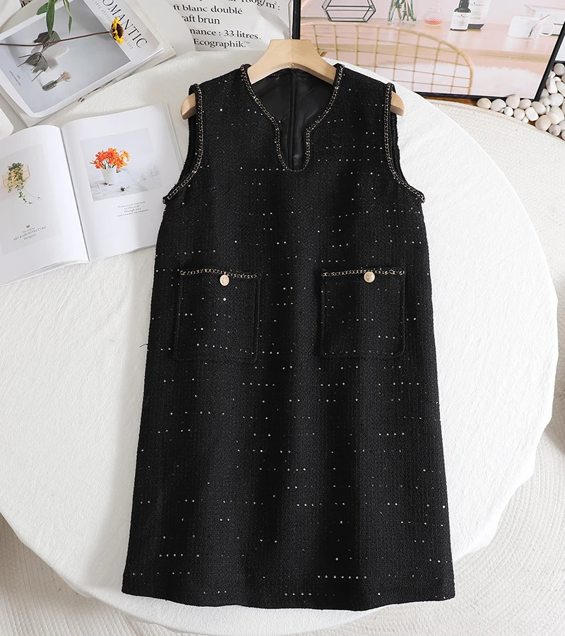 

2024 Spring Fashion Commuter Heavy Industry Sequin Thick Plaid Black Tank Women Dress