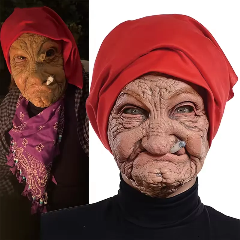 

Funny Little Red Hood Smoking Granny Old Nana Latex Mask Lady Grandma with Wrinkled Face and Red Scarf Masks Halloween Party Pr