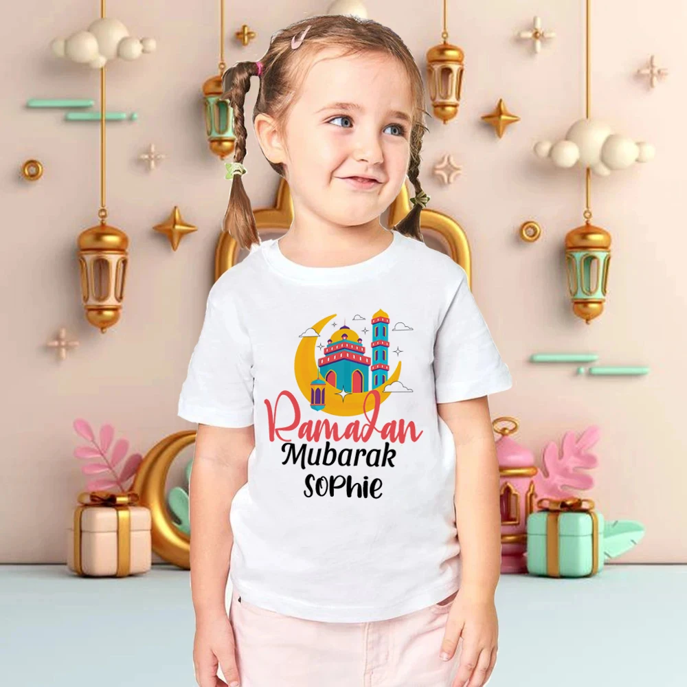

Personalized Ramadan Mubarak Print Shirt Custom Name Kids Eid Ramadan Child Outfit Tee Islamic Muslim Holiday Boys Girls T-shirt