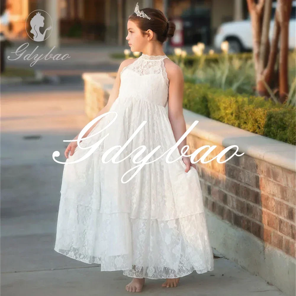 Elegant Luxury Lace Applique Sleeveless O Neck A Line First Communion Dress Ankle Length Princess Flower Girl Gown Customized