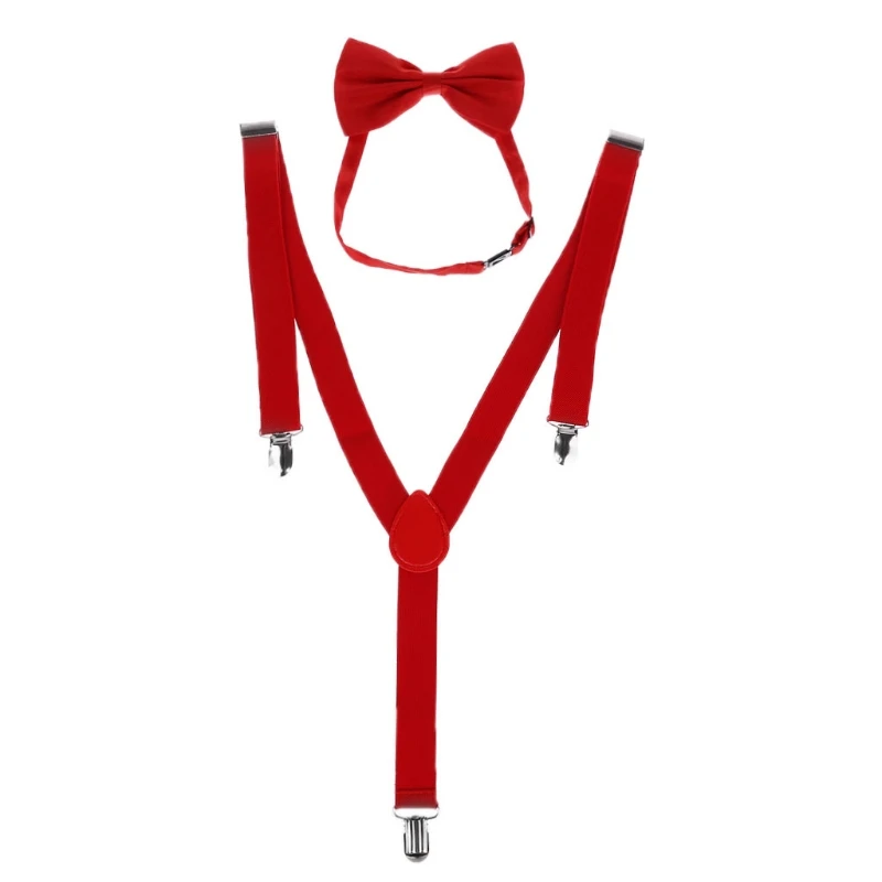 Unisex Adjustable Y-Back Suspenders Bow Tie Set Clip-On Braces Elastic Wedding