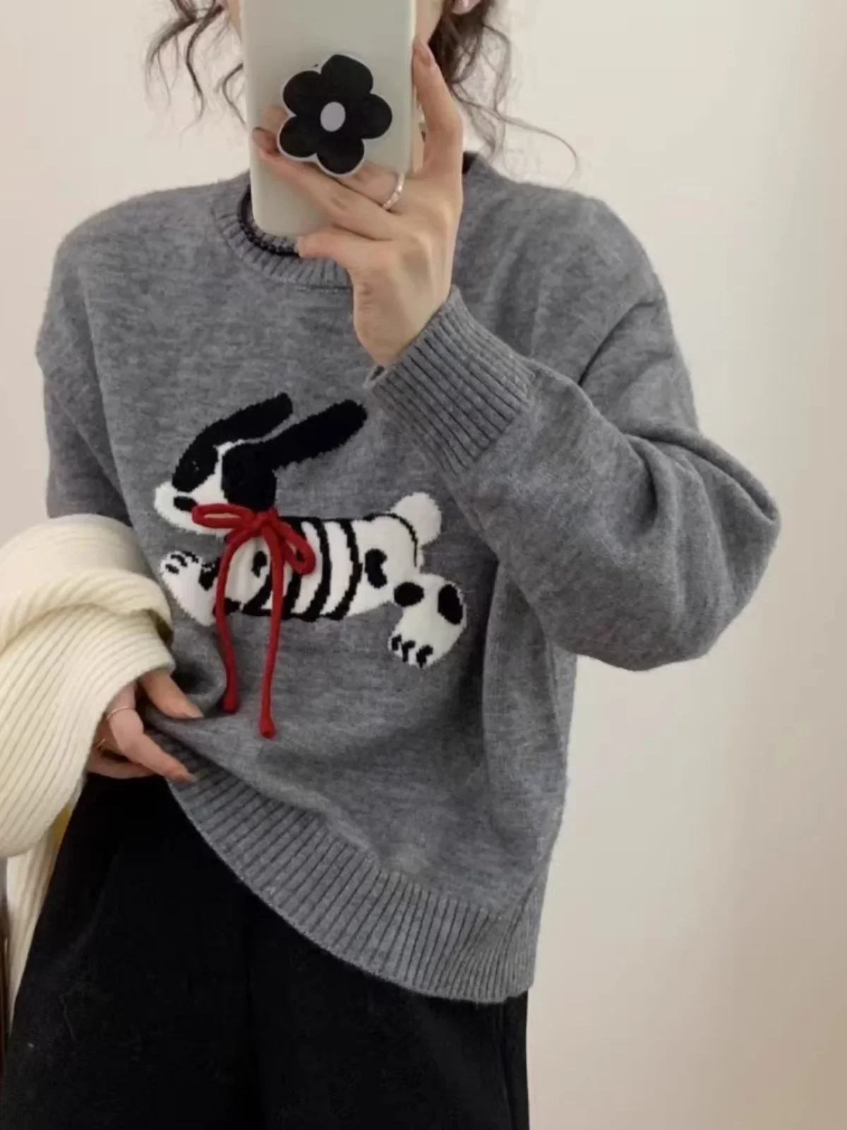 Gagaok Korean Style Pullover Sweaters Women Sweet Dog Jacquard Knitted Pull Femme Outwear Autumn O Neck Long Sleeve Top