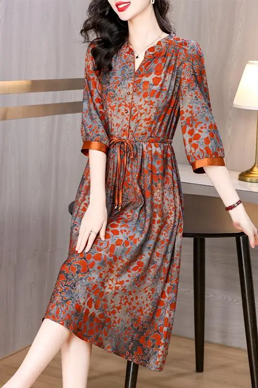 2024 Summer Mesh Spliced Large Loose V-neck Slim Lace Sexy Big Swing Dress Women Vintage Silk Short Sleeve Dress