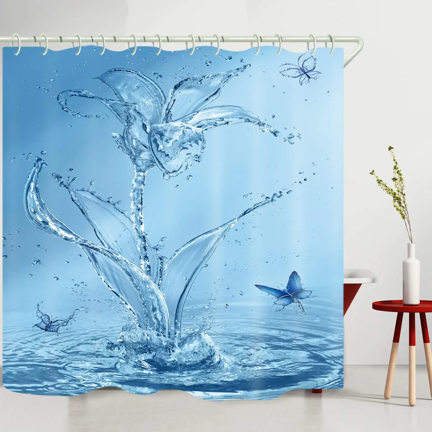 Blue Floral Shower Curtain Watercolor Flower Bath Curtain Polyester Fabric Waterproof Bathroom Curtains with Hooks Bath Screen