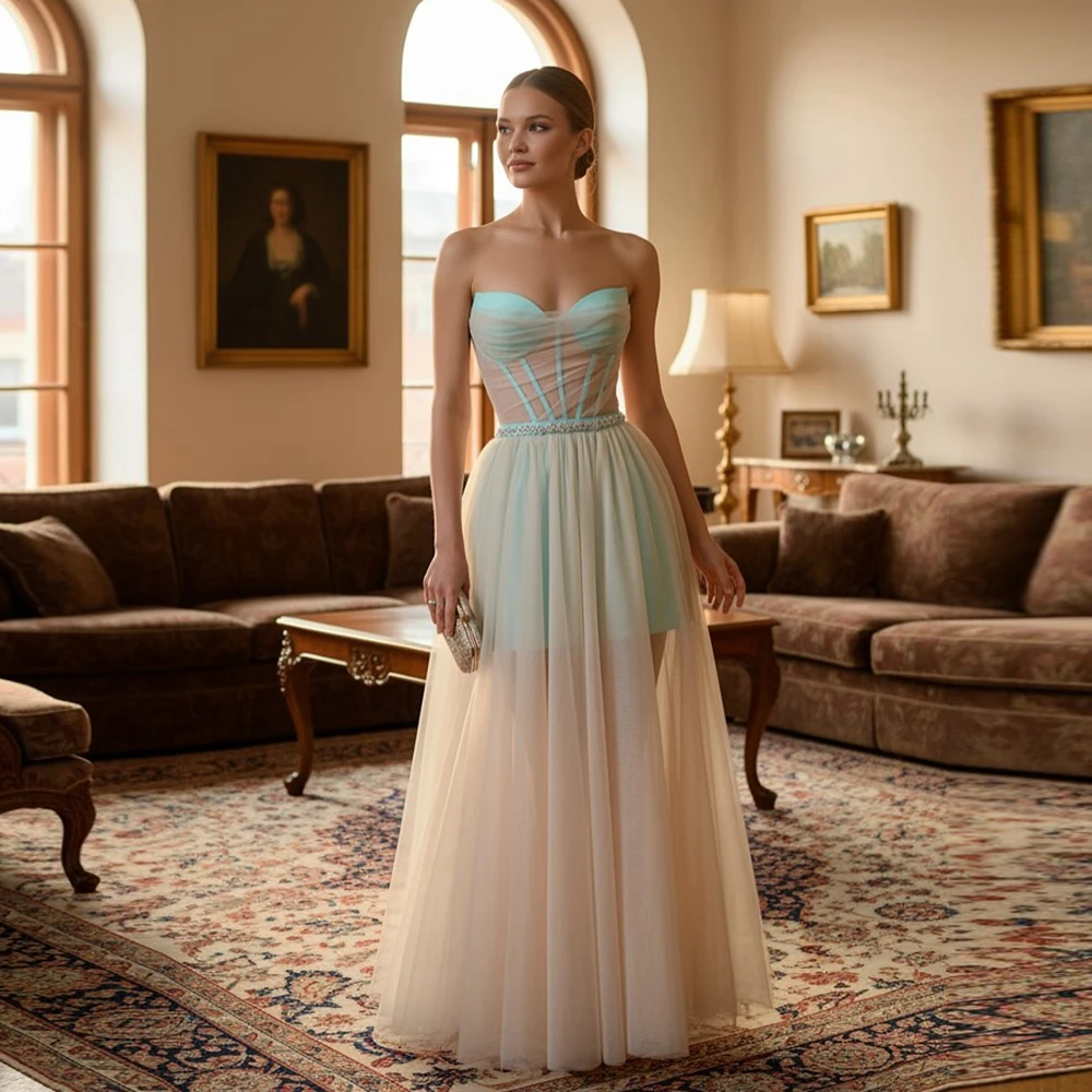 

Платье для выпускного вечера из тюля без бретелек с сердечком, мятное и цвет слоновой кости, длинное вечернее платье с бисером на талии для женщин, вечернее платье из сетки